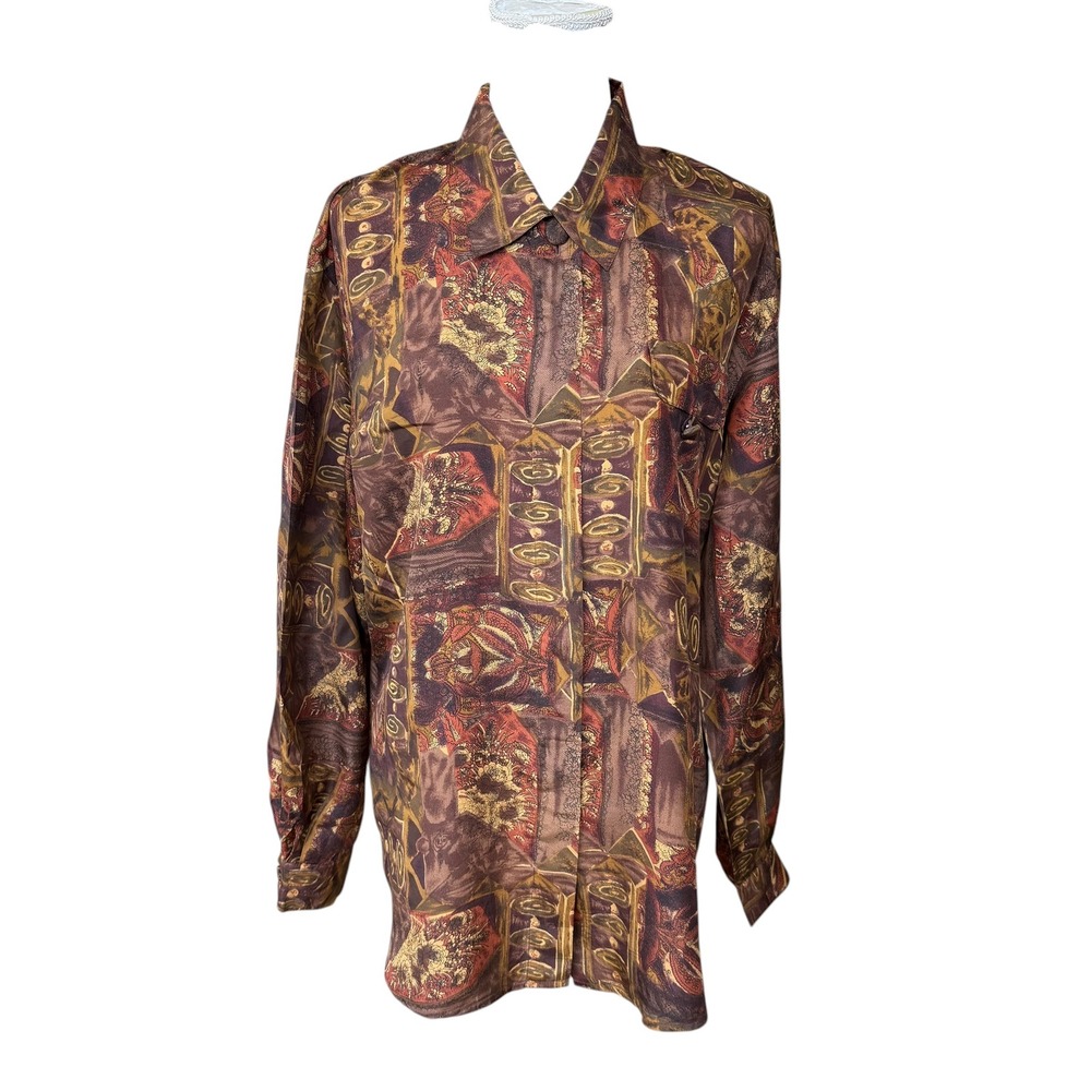Tess Vintage‎ 100% Silk Abstract Print Button Down Shirt Brown Earth Tones Large